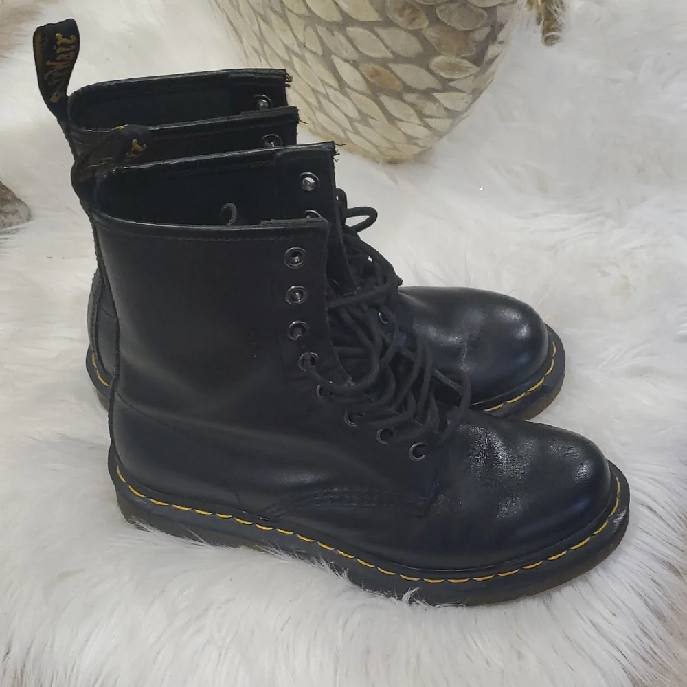 Dr. Martens Black Unisex Leather Boots with Yellow Accents - Picture 16 of 17